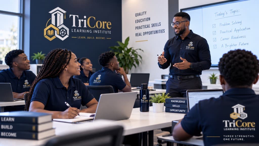 TriCore Learning Institute classroom — students and tutor in a live learning session